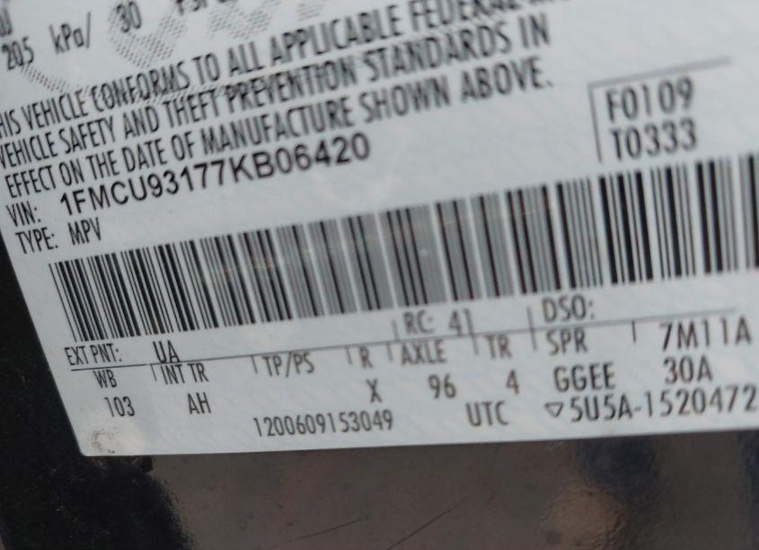 Photo 9 of 2007 Ford Escape XLT/XLT SPORT (VIN 1FMCU93177KB06420)