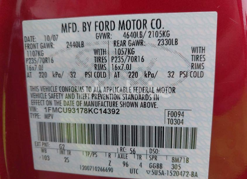 Photo 9 of 2008 Ford Escape XLT (VIN 1FMCU93178KC14392)