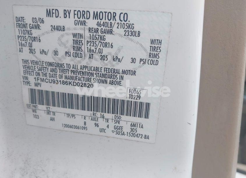 Photo 9 of 2006 Ford Escape XLT/XLT SPORT (VIN 1FMCU93186KD02820)