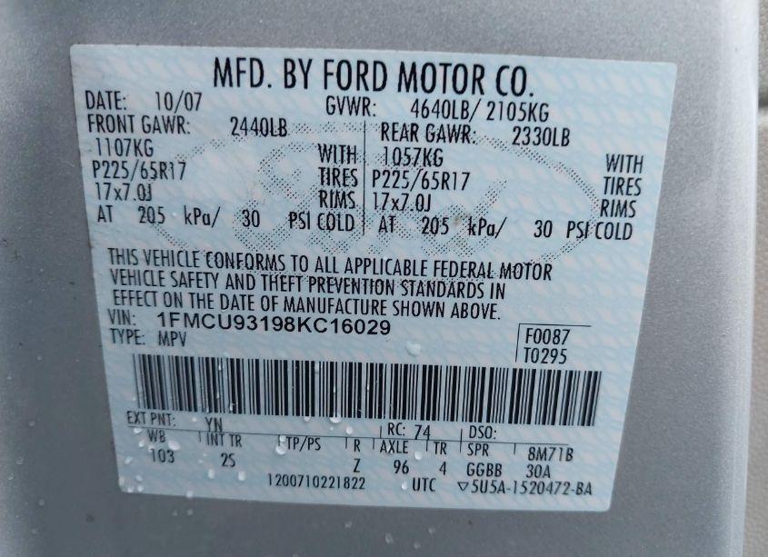 Photo 9 of 2008 Ford Escape XLT (VIN 1FMCU93198KC16029)