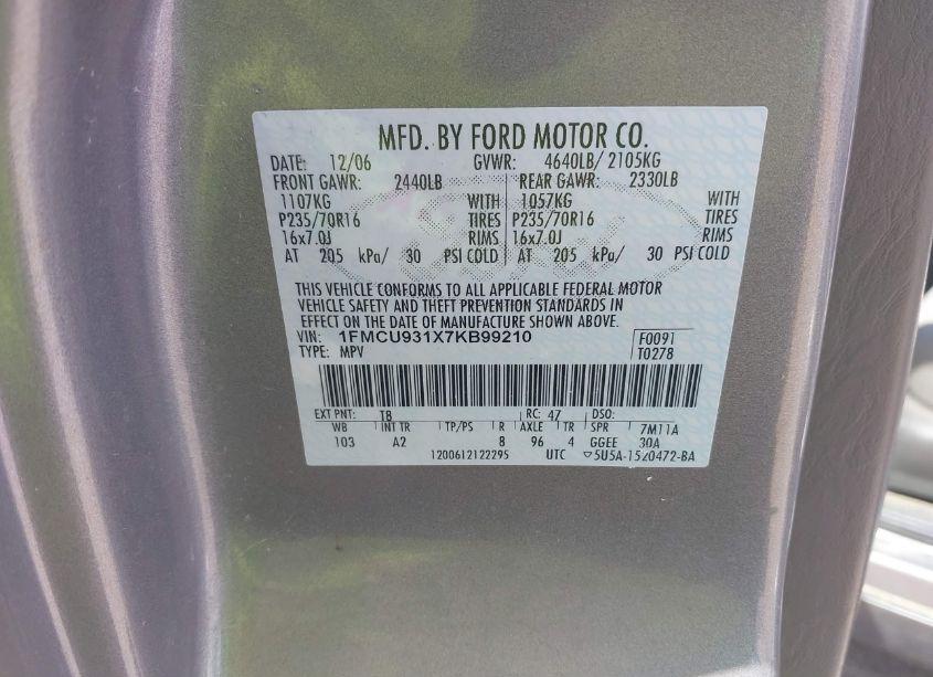 Photo 9 of 2007 Ford Escape XLT/XLT SPORT (VIN 1FMCU931X7KB99210)