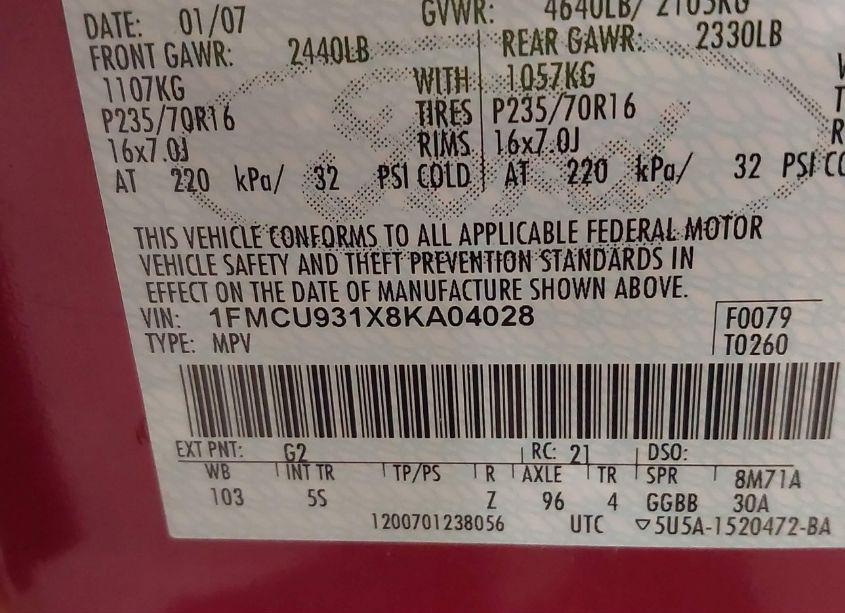 Photo 9 of 2008 Ford Escape XLT (VIN 1FMCU931X8KA04028)