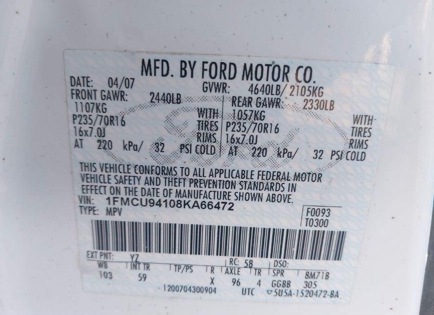 Photo 9 of 2008 Ford Escape LIMITED (VIN 1FMCU94108KA66472)