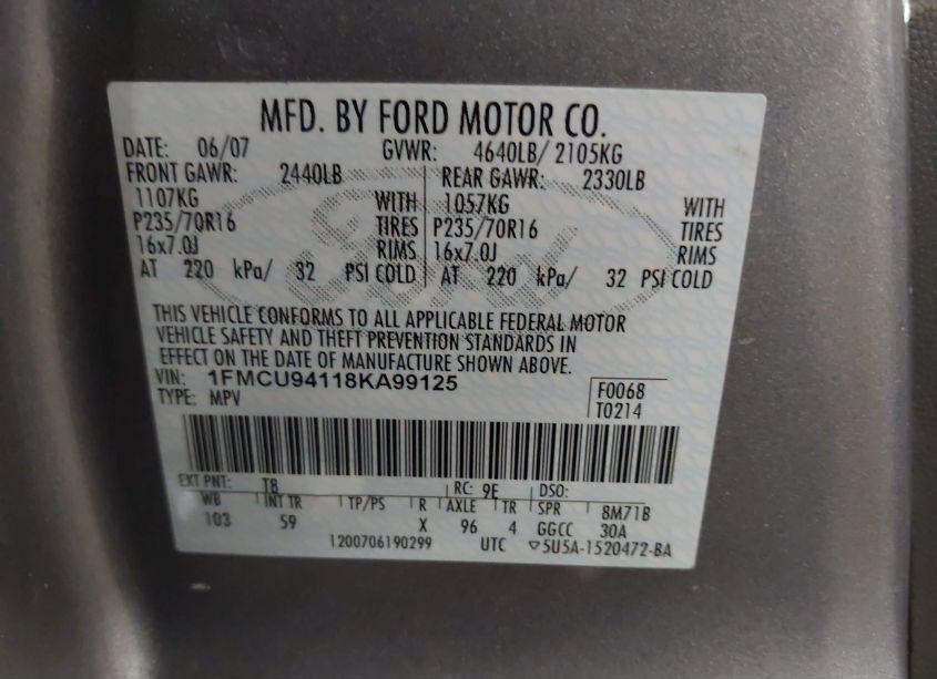 Photo 9 of 2008 Ford Escape LIMITED (VIN 1FMCU94118KA99125)