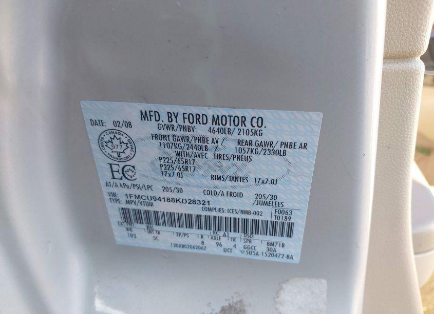 Photo 9 of 2008 Ford Escape LIMITED (VIN 1FMCU94188KD28321)