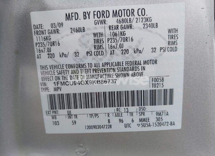Photo 9 of 2009 Ford Escape LIMITED (VIN 1FMCU94GX9KB86737)