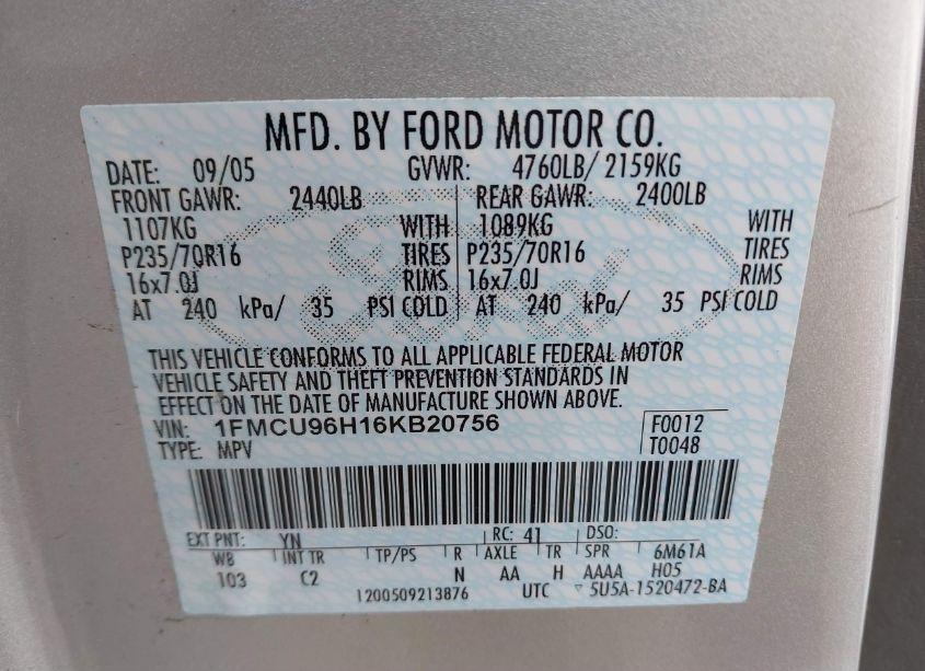 Photo 9 of 2006 Ford Escape HYBRID (VIN 1FMCU96H16KB20756)