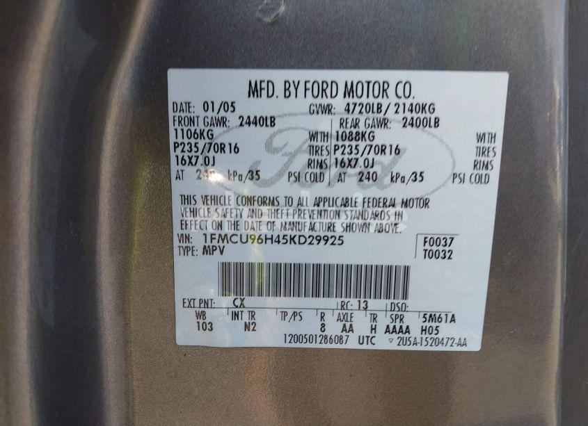 Photo 9 of 2005 Ford Escape HYBRID (VIN 1FMCU96H45KD29925)