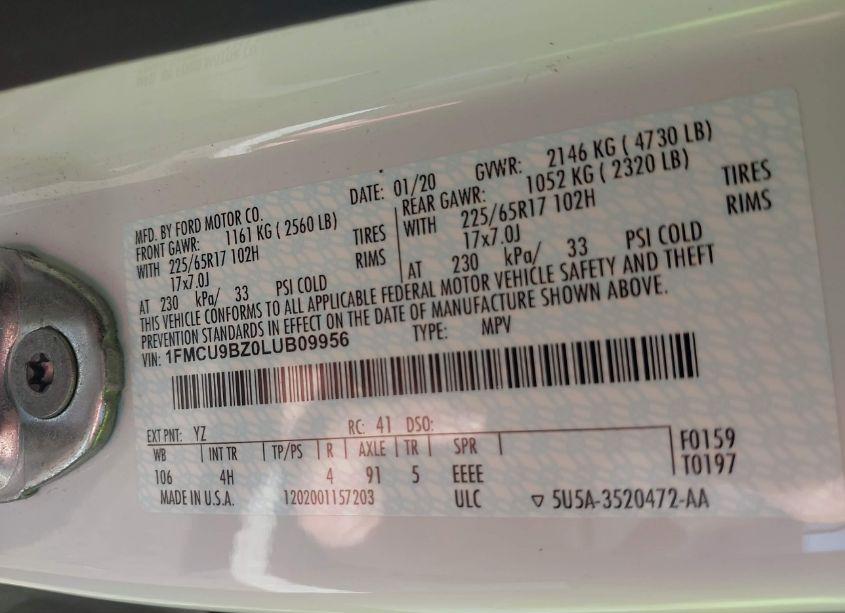 Photo 9 of 2020 Ford Escape SE SPORT HYBRID (VIN 1FMCU9BZ0LUB09956)