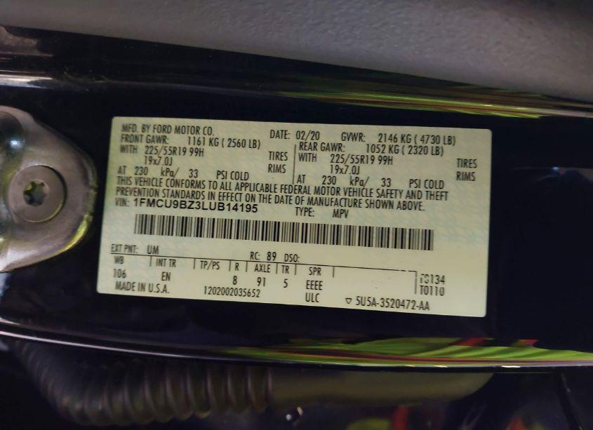 Photo 9 of 2020 Ford Escape SE SPORT HYBRID (VIN 1FMCU9BZ3LUB14195)