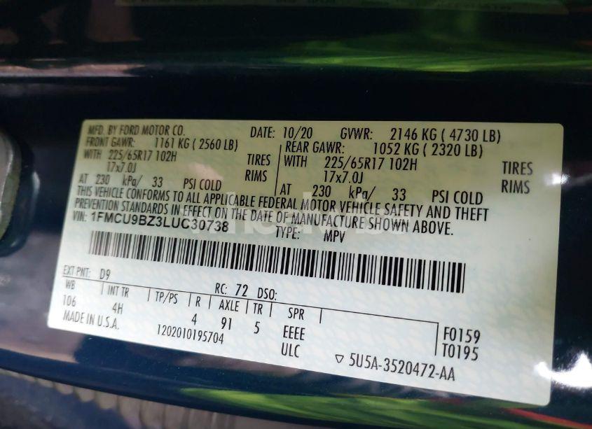 Photo 9 of 2020 Ford Escape SE SPORT HYBRID (VIN 1FMCU9BZ3LUC30738)