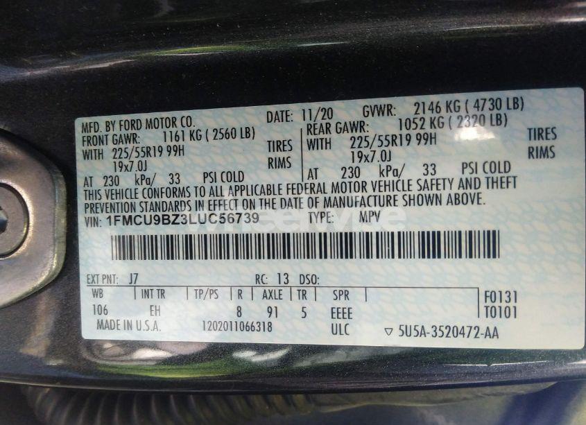 Photo 9 of 2020 Ford Escape SE SPORT HYBRID (VIN 1FMCU9BZ3LUC56739)