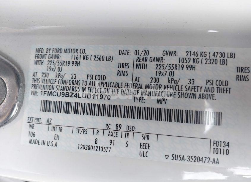 Photo 9 of 2020 Ford Escape SE SPORT HYBRID (VIN 1FMCU9BZ4LUB11970)