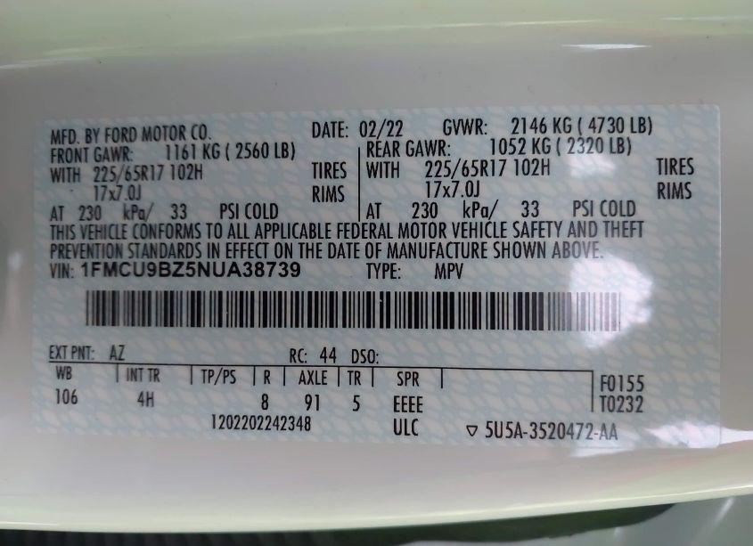 Photo 9 of 2022 Ford Escape SE HYBRID (VIN 1FMCU9BZ5NUA38739)