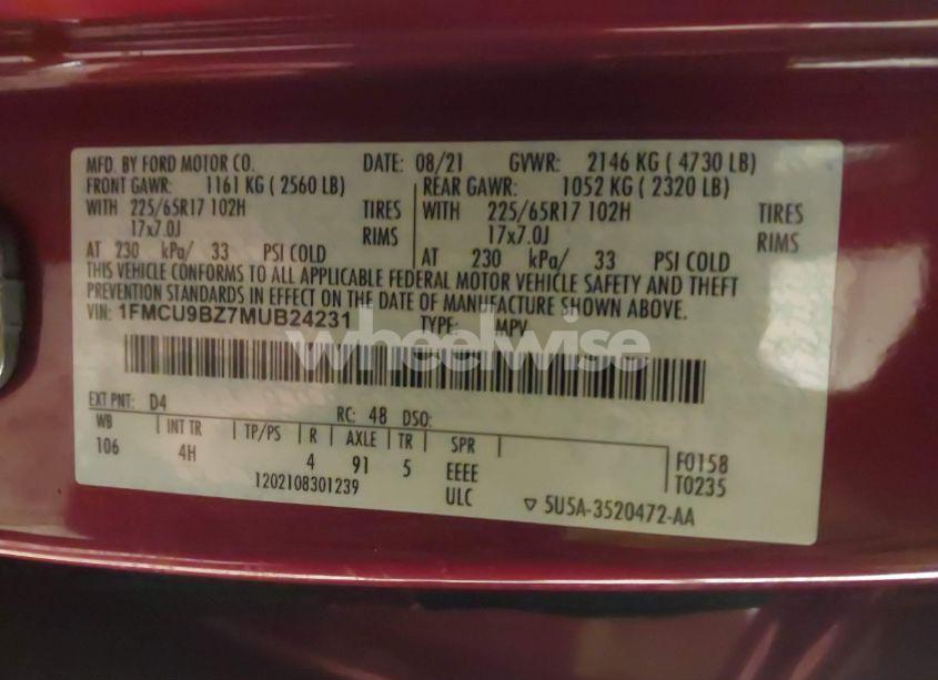 Photo 9 of 2021 Ford Escape SE HYBRID (VIN 1FMCU9BZ7MUB24231)