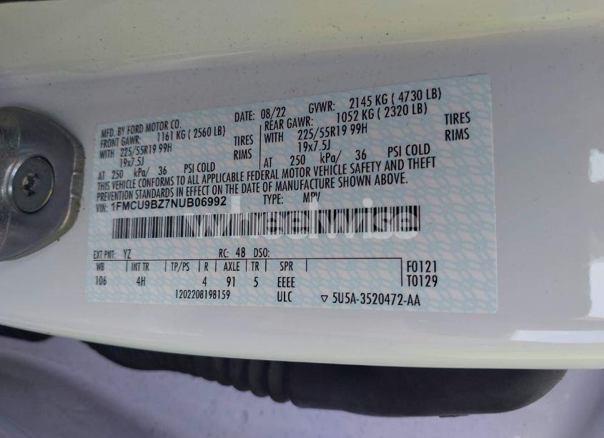 Photo 9 of 2022 Ford Escape SE HYBRID (VIN 1FMCU9BZ7NUB06992)