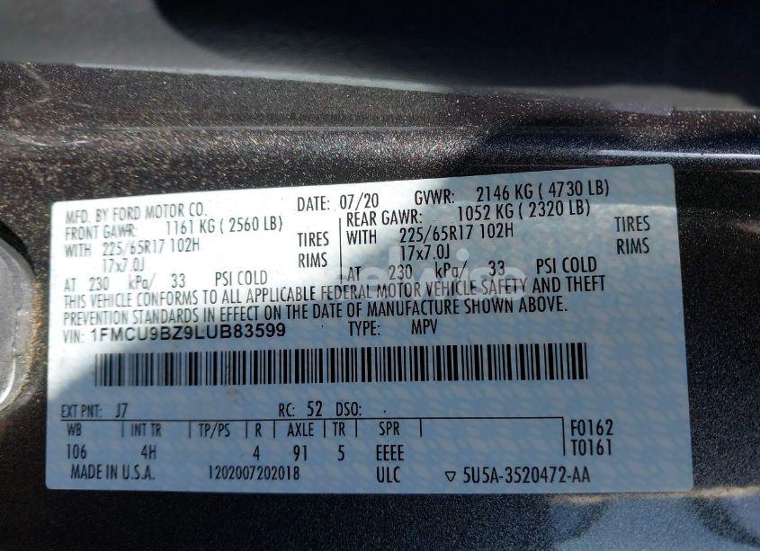 Photo 9 of 2020 Ford Escape SE SPORT HYBRID (VIN 1FMCU9BZ9LUB83599)