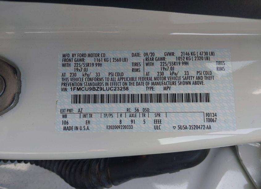 Photo 8 of 2020 Ford Escape SE SPORT HYBRID (VIN 1FMCU9BZ9LUC23258)