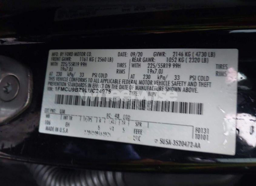 Photo 9 of 2020 Ford Escape SE SPORT HYBRID (VIN 1FMCU9BZ9LUC24975)