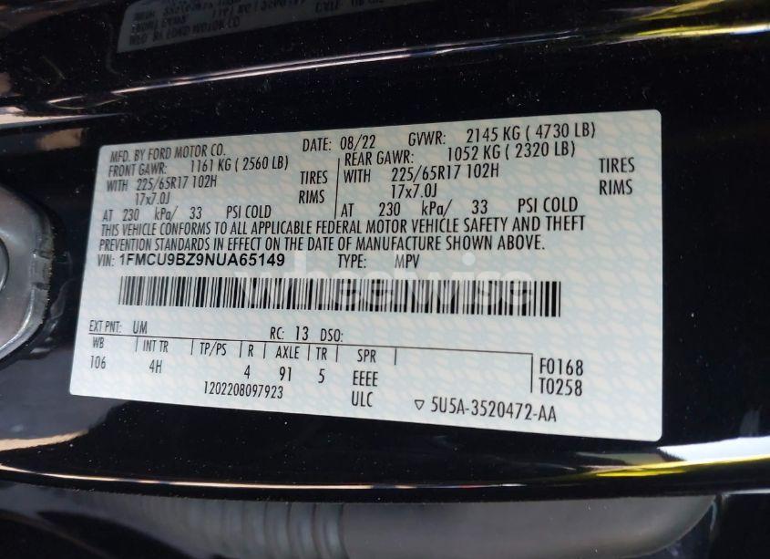 Photo 9 of 2022 Ford Escape SE HYBRID (VIN 1FMCU9BZ9NUA65149)