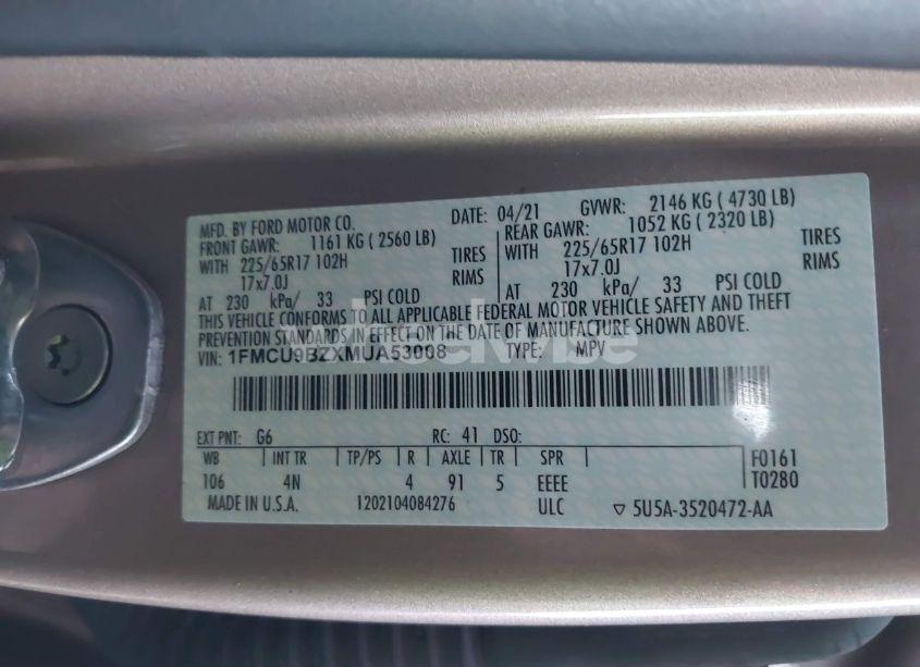 Photo 9 of 2021 Ford Escape SE HYBRID (VIN 1FMCU9BZXMUA53008)