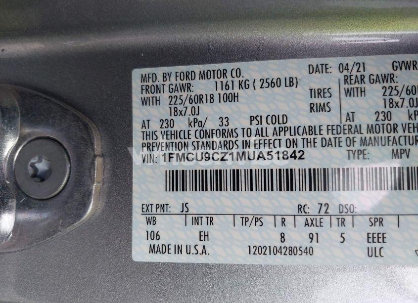 Photo 9 of 2021 Ford Escape SEL HYBRID (VIN 1FMCU9CZ1MUA51842)