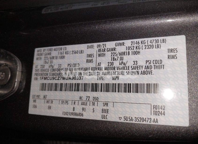 Photo 9 of 2021 Ford Escape SEL HYBRID (VIN 1FMCU9CZ7MUA90337)