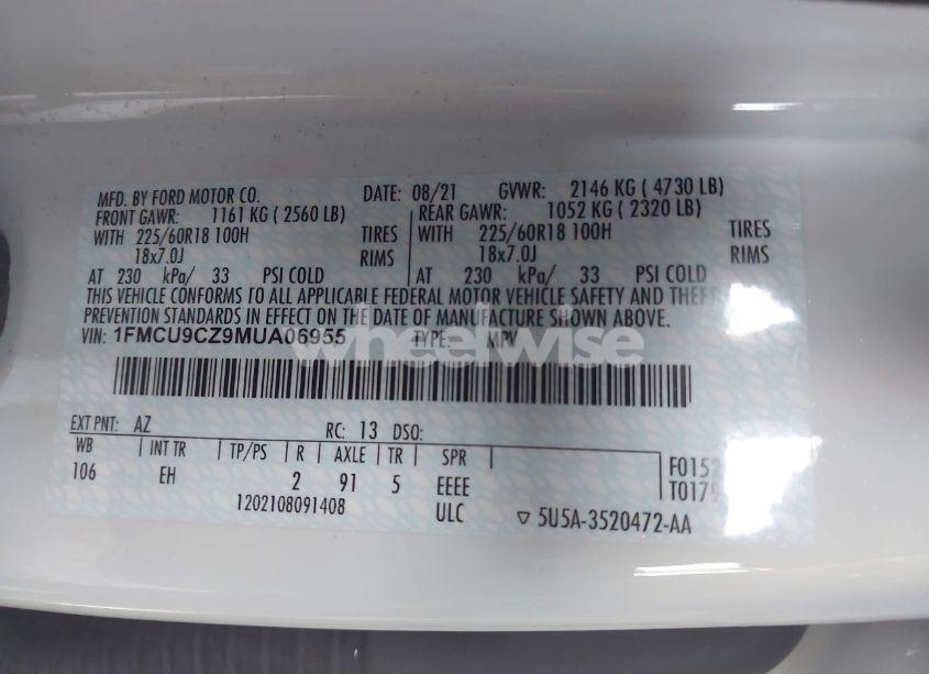 Photo 9 of 2021 Ford Escape SEL HYBRID (VIN 1FMCU9CZ9MUA06955)