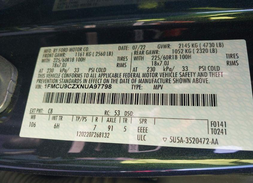 Photo 9 of 2022 Ford Escape SEL HYBRID (VIN 1FMCU9CZXNUA97798)