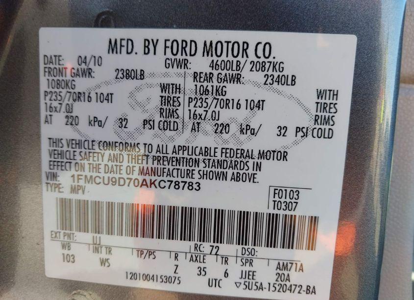 Photo 9 of 2010 Ford Escape XLT (VIN 1FMCU9D70AKC78783)