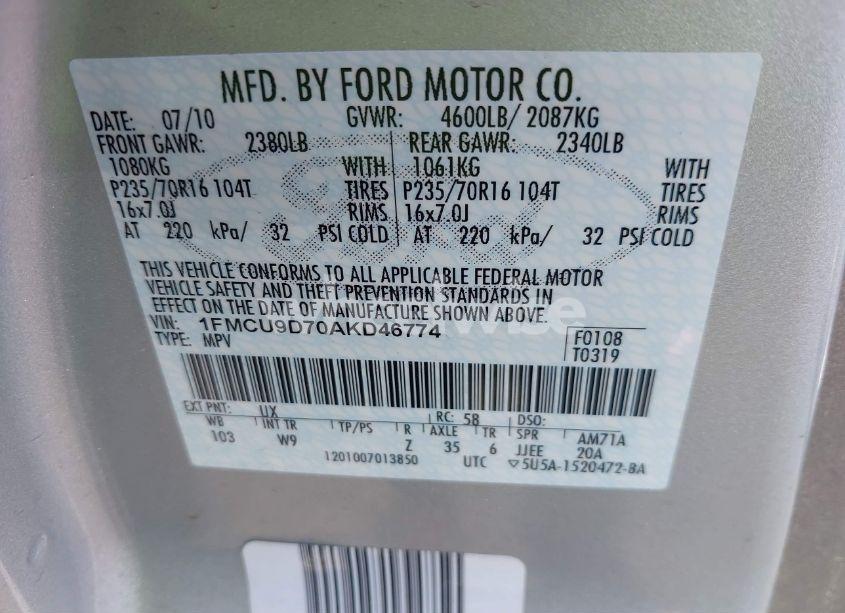 Photo 9 of 2010 Ford Escape XLT (VIN 1FMCU9D70AKD46774)