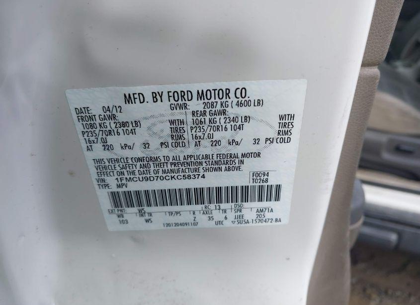 Photo 9 of 2012 Ford Escape XLT (VIN 1FMCU9D70CKC58374)