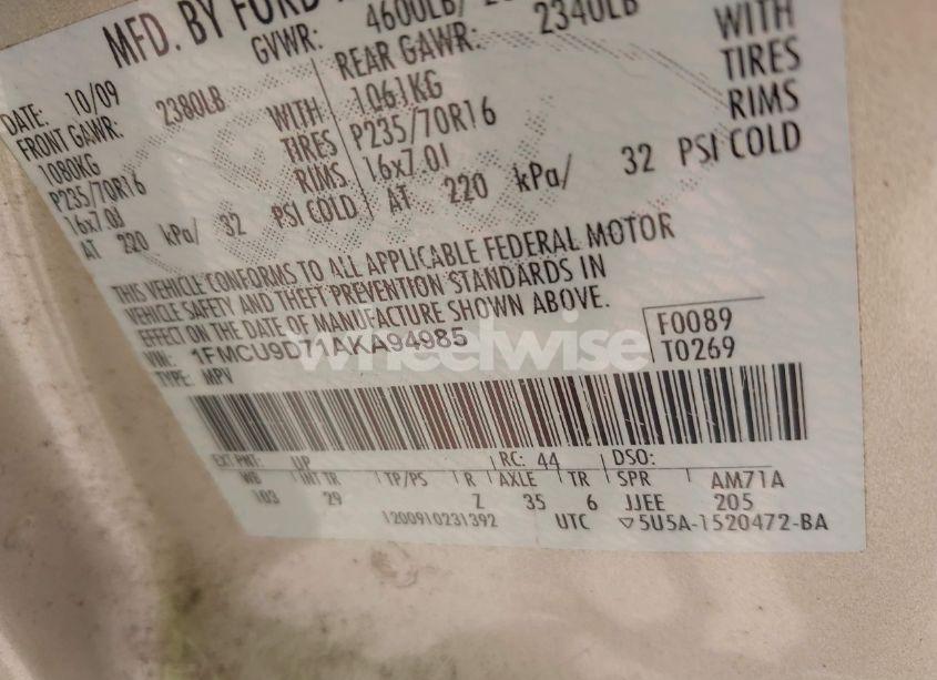 Photo 9 of 2010 Ford Escape XLT (VIN 1FMCU9D71AKA94985)