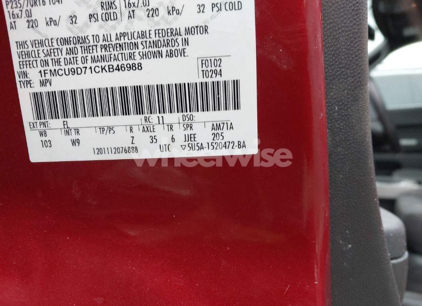 Photo 9 of 2012 Ford Escape XLT (VIN 1FMCU9D71CKB46988)