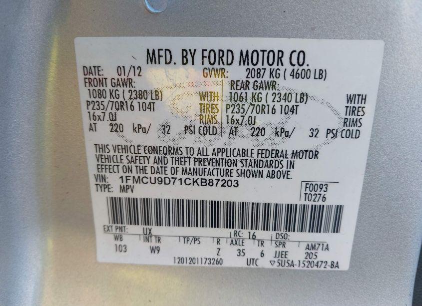 Photo 9 of 2012 Ford Escape XLT (VIN 1FMCU9D71CKB87203)