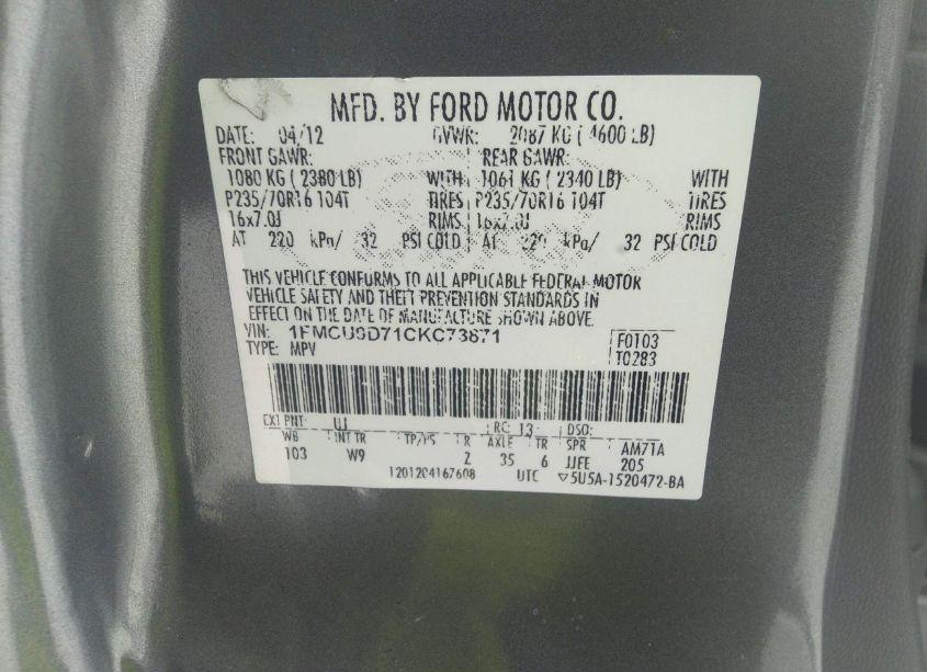 Photo 9 of 2012 Ford Escape XLT (VIN 1FMCU9D71CKC73871)