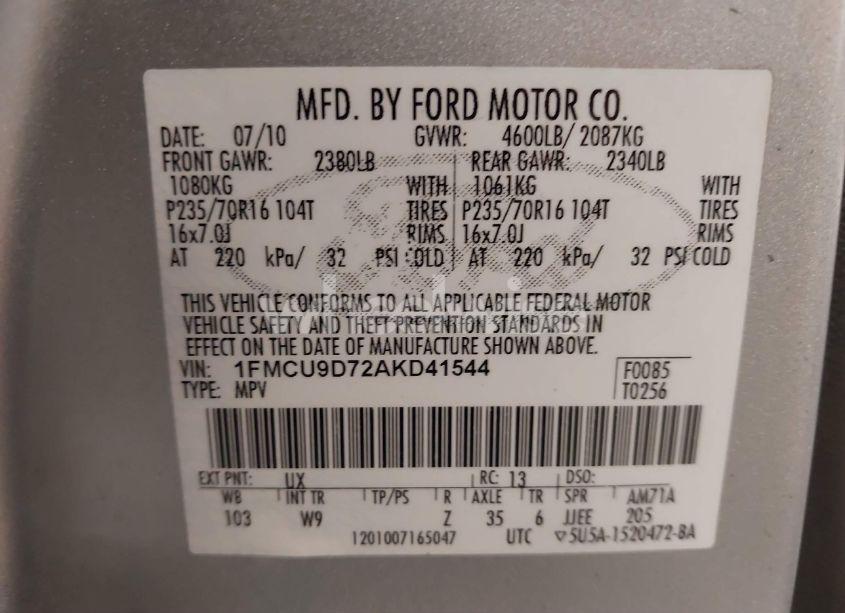 Photo 9 of 2010 Ford Escape XLT (VIN 1FMCU9D72AKD41544)