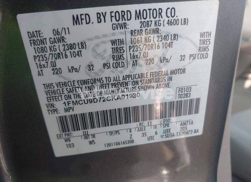 Photo 9 of 2012 Ford Escape XLT (VIN 1FMCU9D72CKA01930)