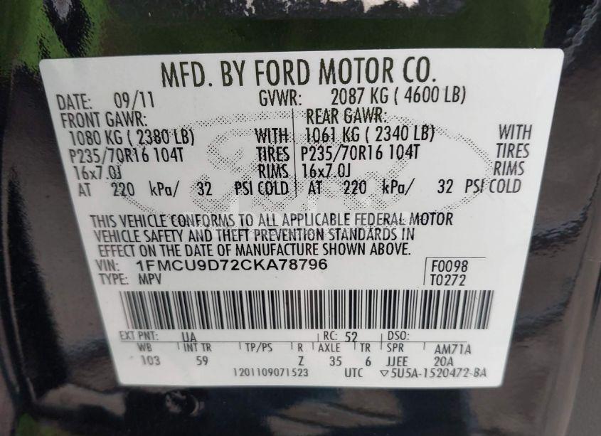 Photo 9 of 2012 Ford Escape XLT (VIN 1FMCU9D72CKA78796)