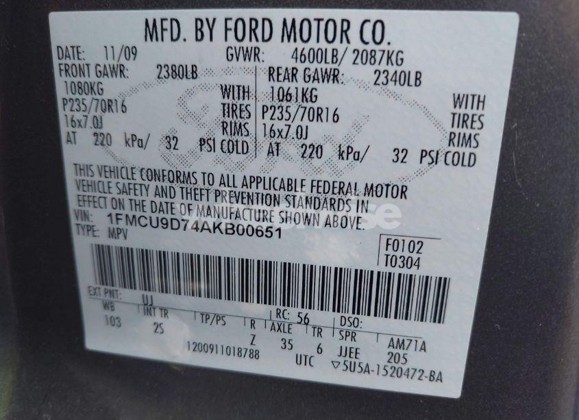 Photo 9 of 2010 Ford Escape XLT (VIN 1FMCU9D74AKB00651)