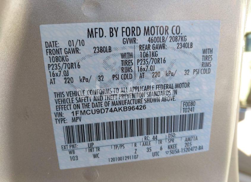 Photo 9 of 2010 Ford Escape XLT (VIN 1FMCU9D74AKB96426)