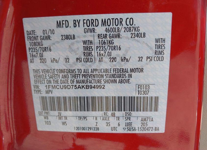 Photo 9 of 2010 Ford Escape XLT (VIN 1FMCU9D75AKB94992)