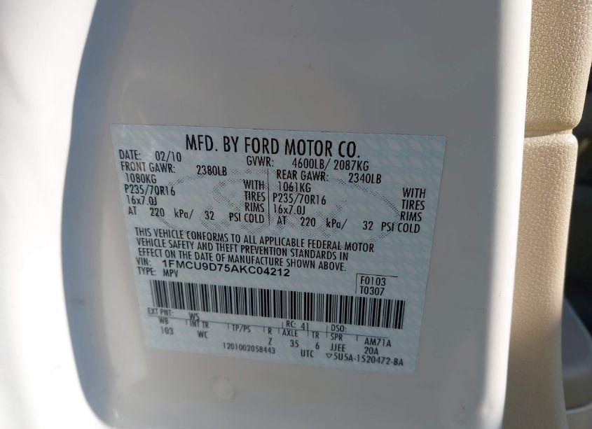 Photo 9 of 2010 Ford Escape XLT (VIN 1FMCU9D75AKC04212)