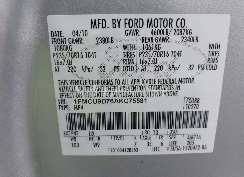 Photo 9 of 2010 Ford Escape XLT (VIN 1FMCU9D76AKC75581)