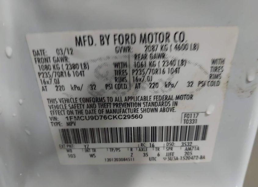 Photo 9 of 2012 Ford Escape XLT (VIN 1FMCU9D76CKC29560)