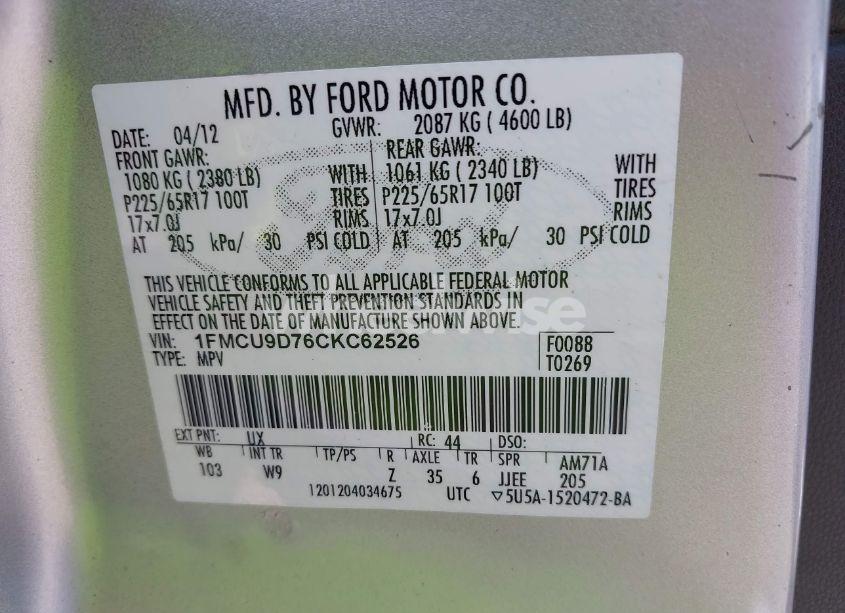 Photo 9 of 2012 Ford Escape XLT (VIN 1FMCU9D76CKC62526)