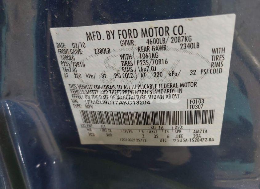 Photo 9 of 2010 Ford Escape XLT (VIN 1FMCU9D77AKC13204)
