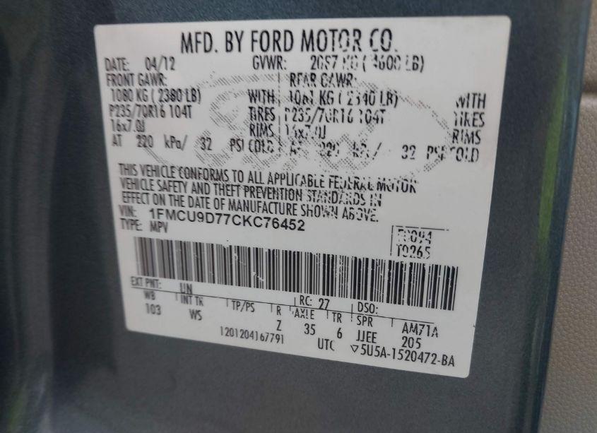 Photo 9 of 2012 Ford Escape XLT (VIN 1FMCU9D77CKC76452)