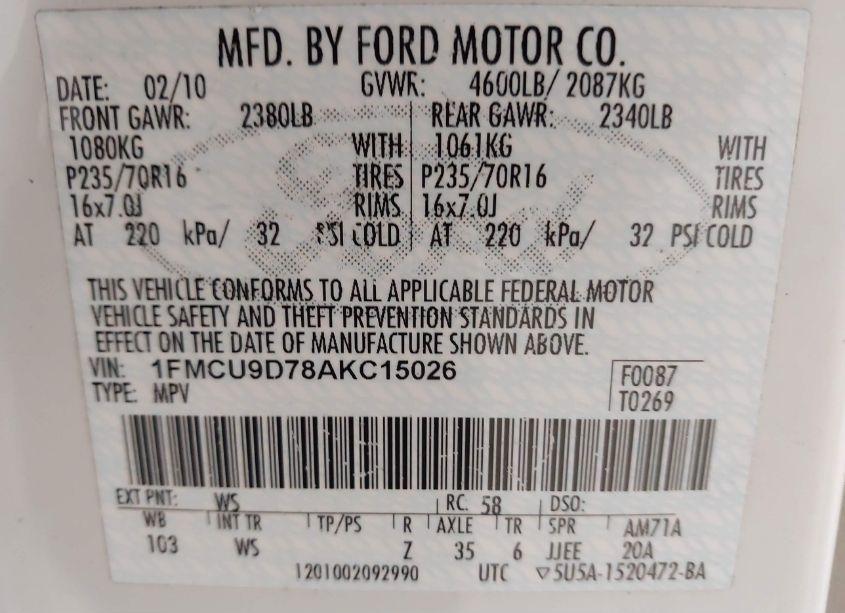 Photo 9 of 2010 Ford Escape XLT (VIN 1FMCU9D78AKC15026)