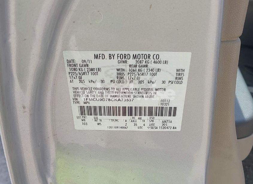 Photo 9 of 2012 Ford Escape XLT (VIN 1FMCU9D78CKA73537)